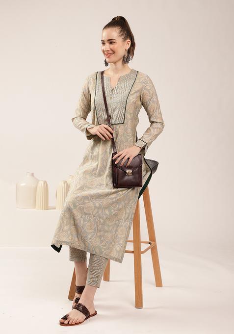 Beige Paisley Print Chanderi Kurta