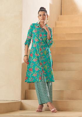 Sky Blue Floral Print Cotton Kurta