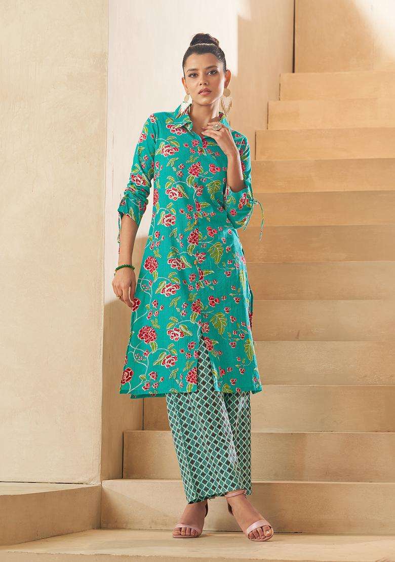 Sky Blue Floral Print Cotton Kurta - Indya