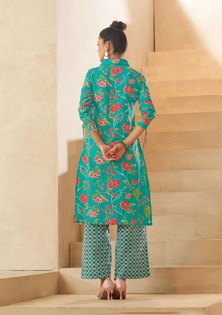 Sky Blue Floral Print Cotton Kurta - Indya