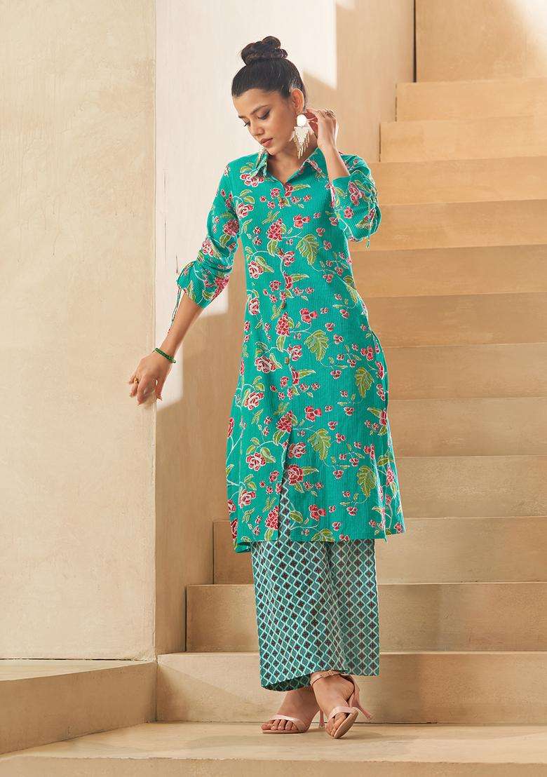 Sky Blue Floral Print Cotton Kurta - Indya