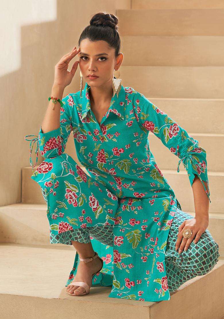 Sky Blue Floral Print Cotton Kurta - Indya
