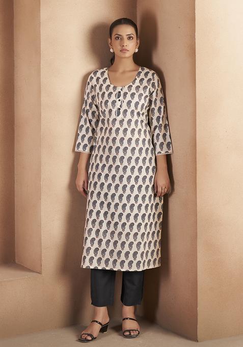 Cream And Black Printed Cotton Kurta