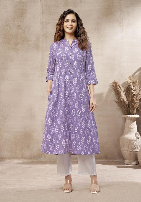 Lavender Block Print Cotton Kurta