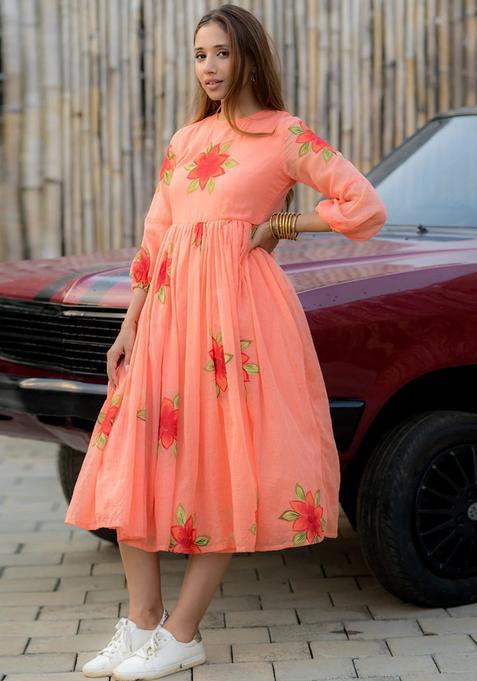 Peach Digital Print Silk Kurta