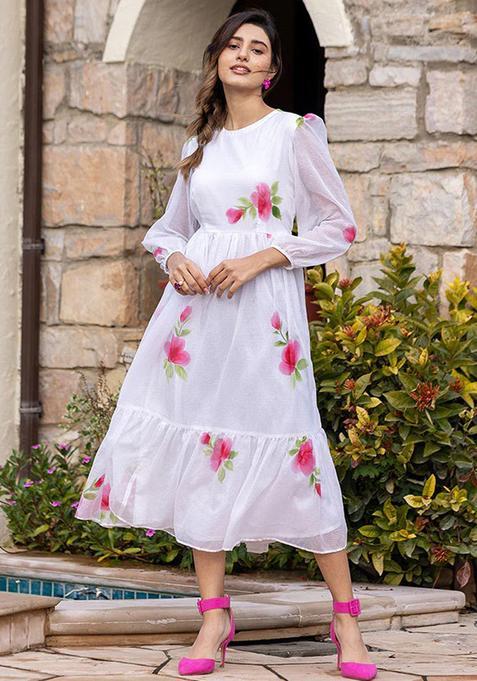 White Digital Print Silk Kurta