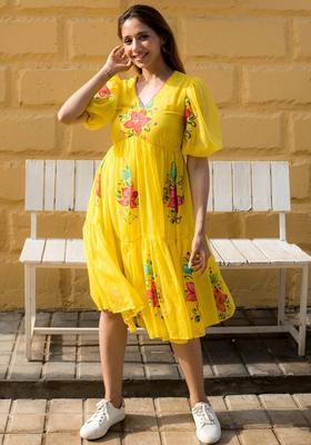 Yellow Digital Print Silk Kurta