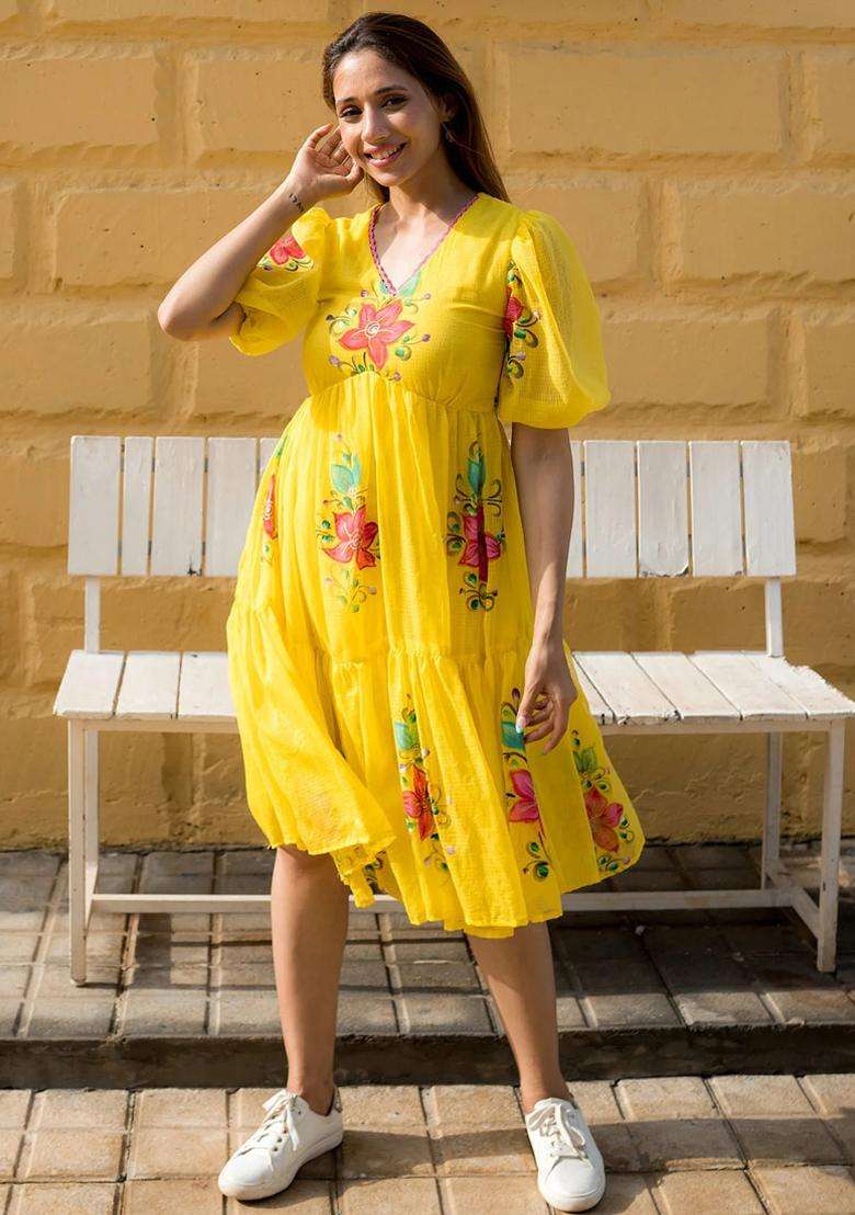 Yellow Digital Print Silk Kurta - Indya