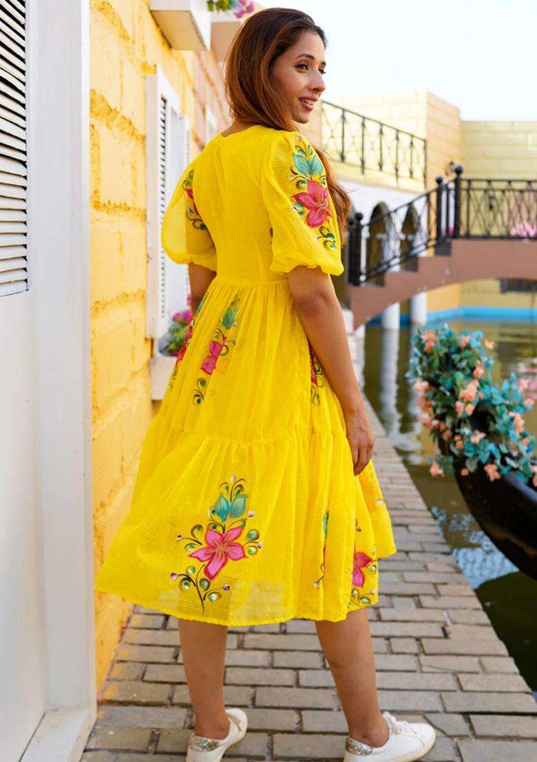 Yellow Digital Print Silk Kurta - Indya