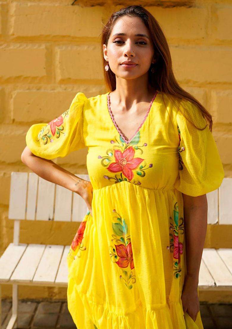 Yellow Digital Print Silk Kurta - Indya