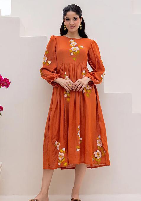 Rust Orange Digital Print Cotton Kurta