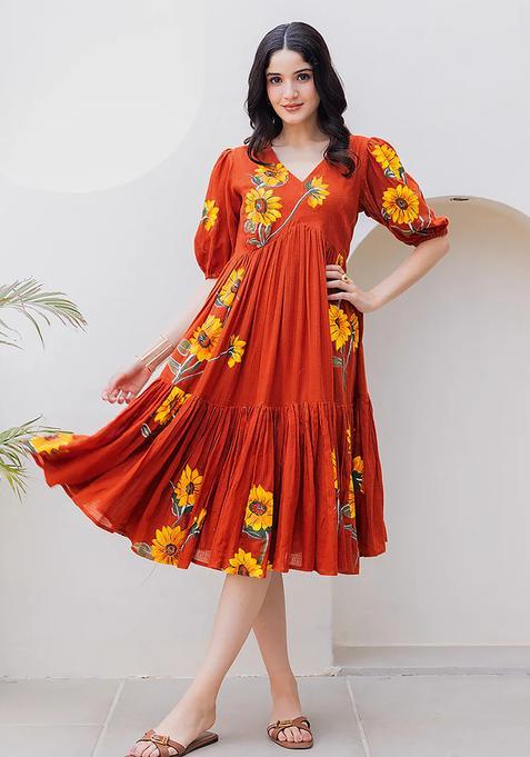 Rust Orange Digital Print Cotton Kurta