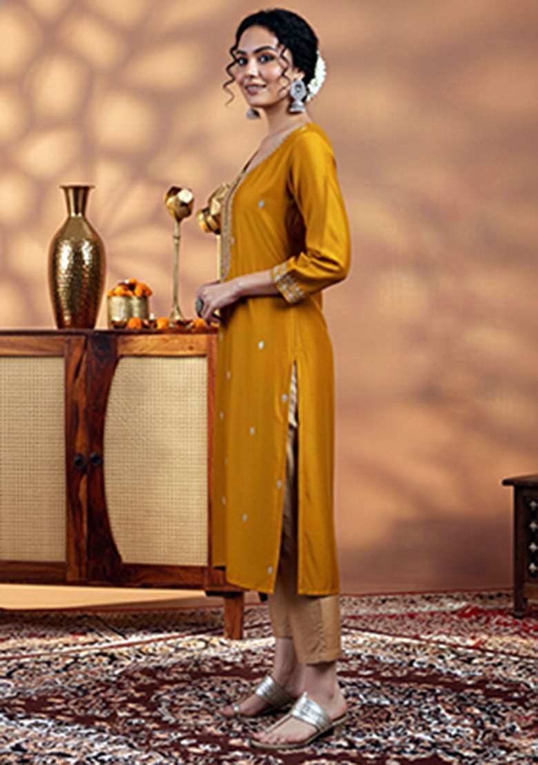 Mustard Embroidery Silk Kurta - Indya