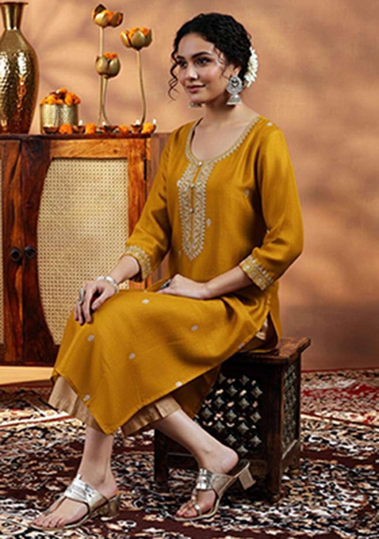 Mustard Embroidery Silk Kurta - Indya