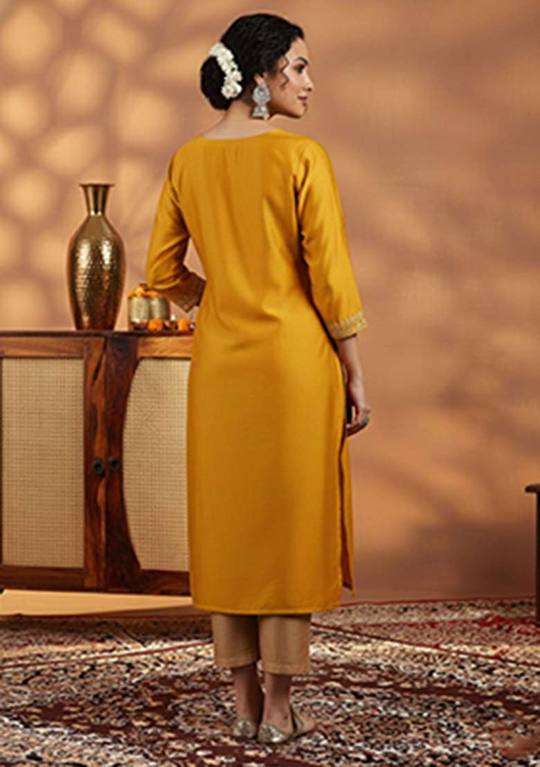 Mustard Embroidery Silk Kurta - Indya