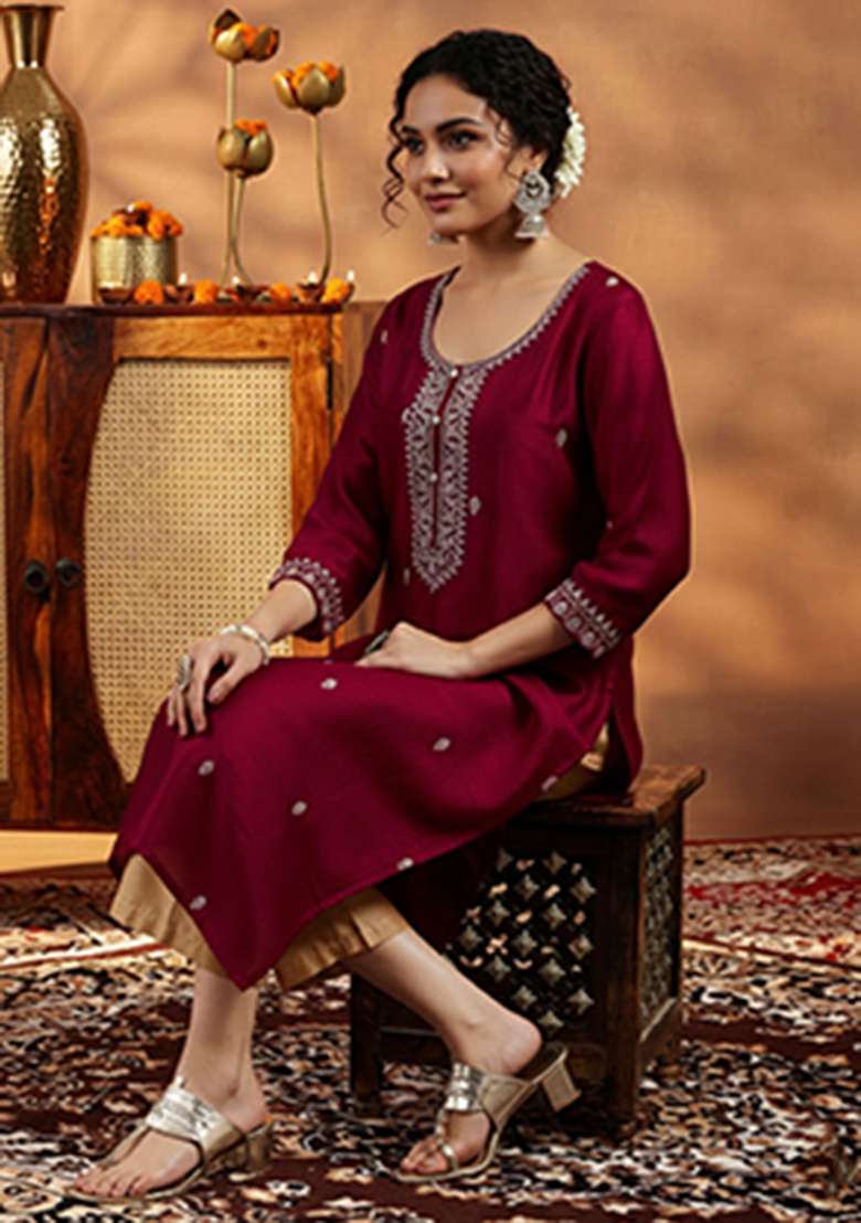 Maroon Embroidery Silk Kurta - Indya