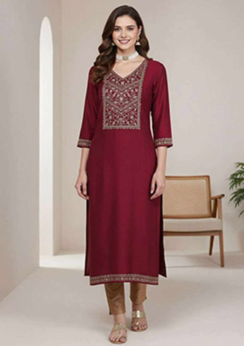 Maroon Embroidery Silk Kurta - Indya