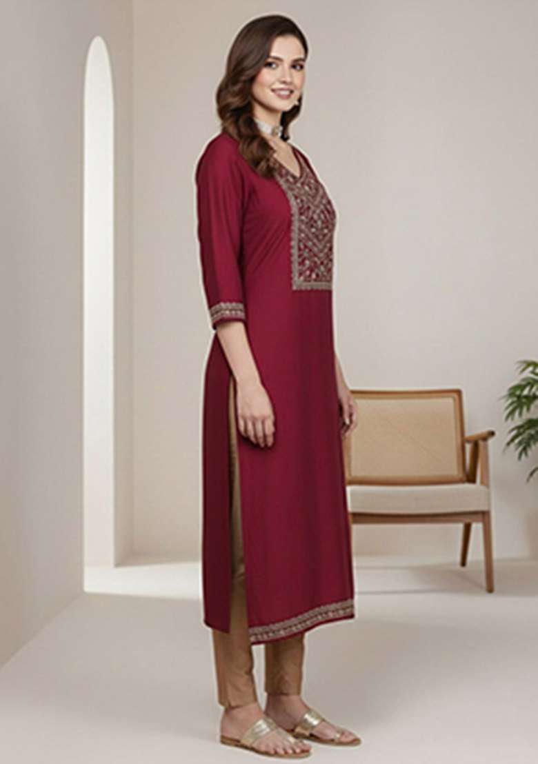 Maroon Embroidery Silk Kurta - Indya