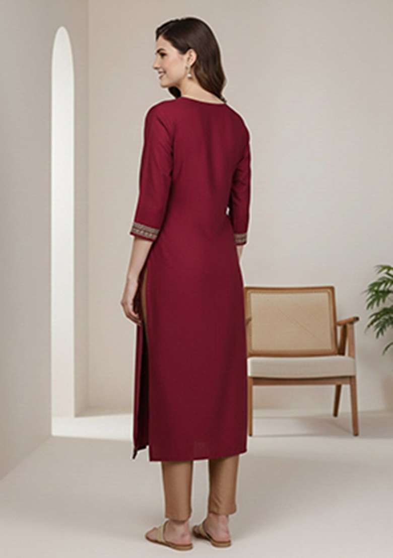 Maroon Embroidery Silk Kurta - Indya