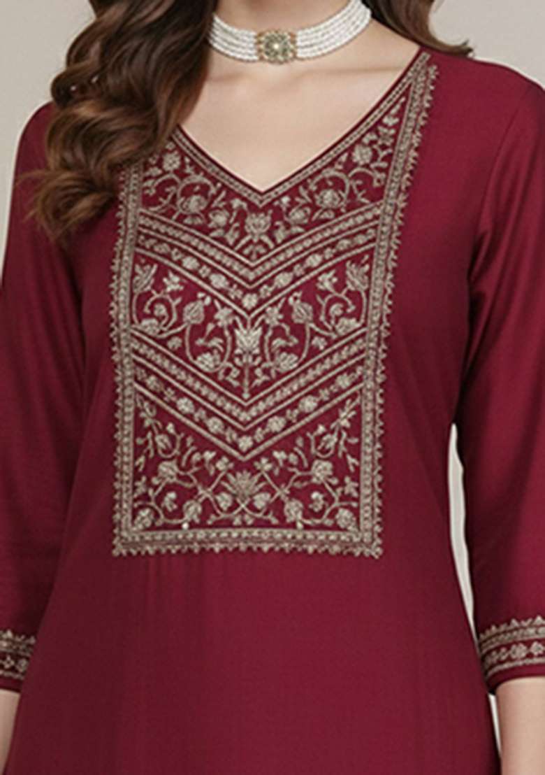 Maroon Embroidery Silk Kurta - Indya