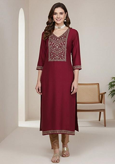 Maroon Embroidery Silk Kurta