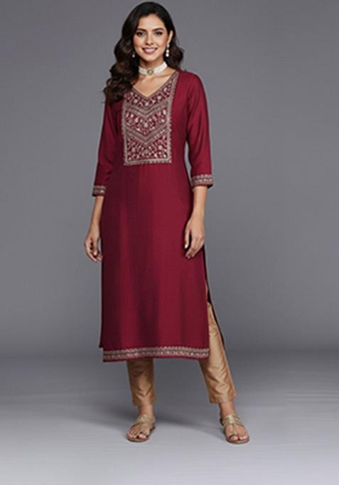 Maroon Embroidery Silk Kurta