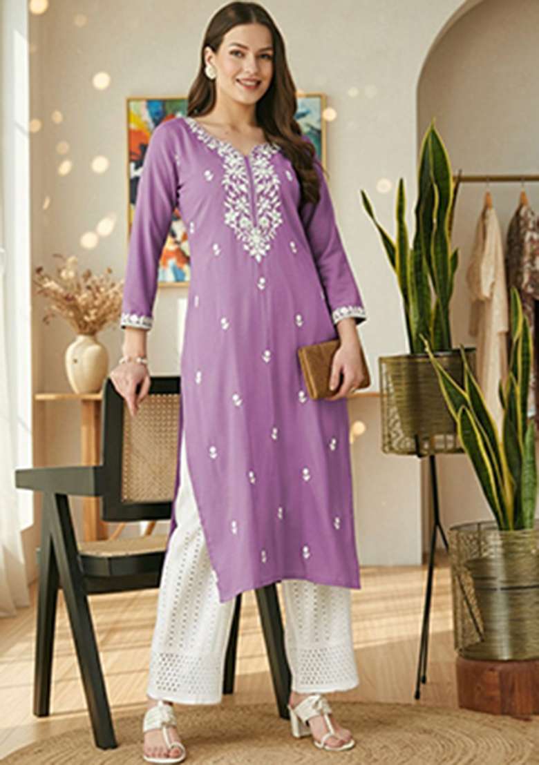 Lavender Embroidery Silk Kurta - Indya