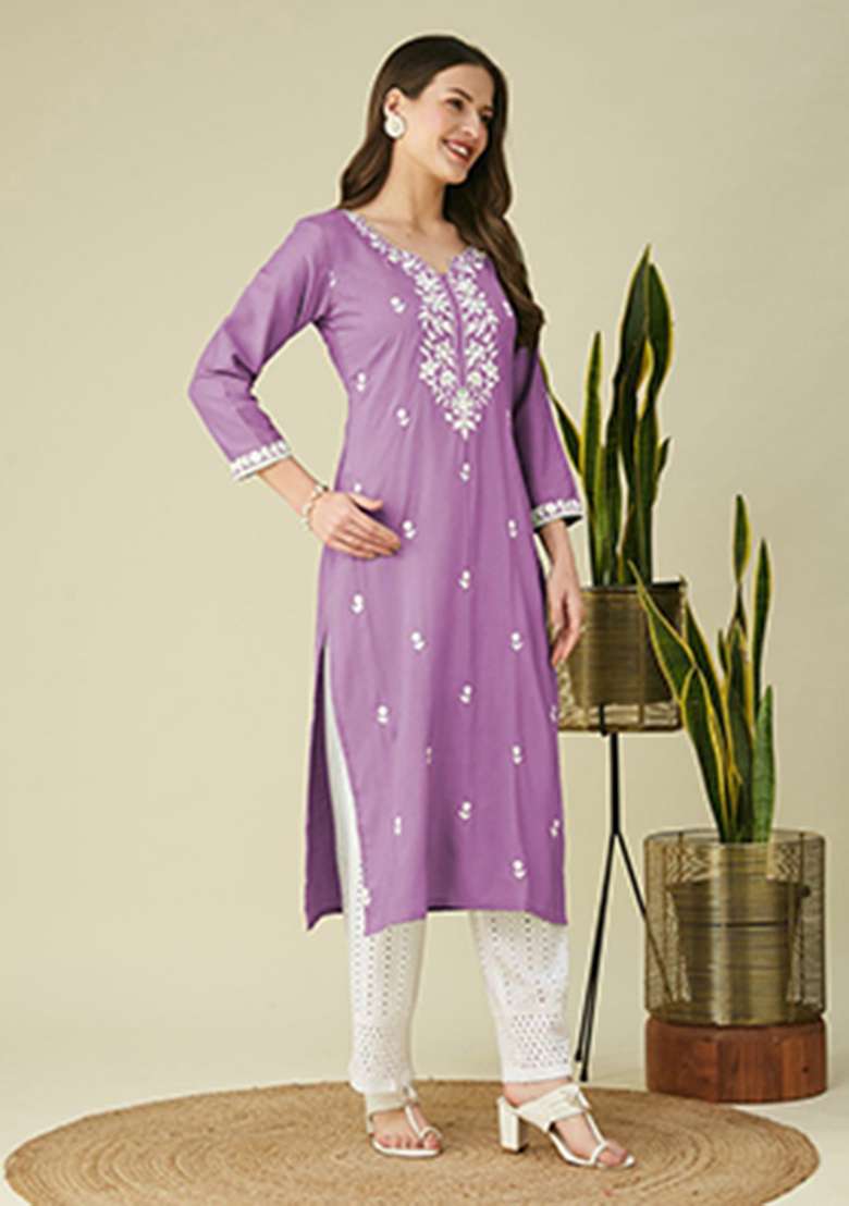 Lavender Embroidery Silk Kurta - Indya