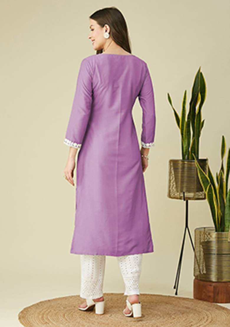 Lavender Embroidery Silk Kurta - Indya