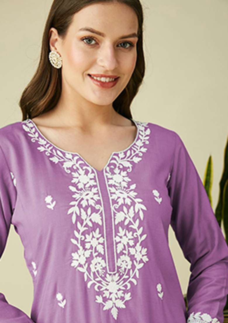 Lavender Embroidery Silk Kurta - Indya