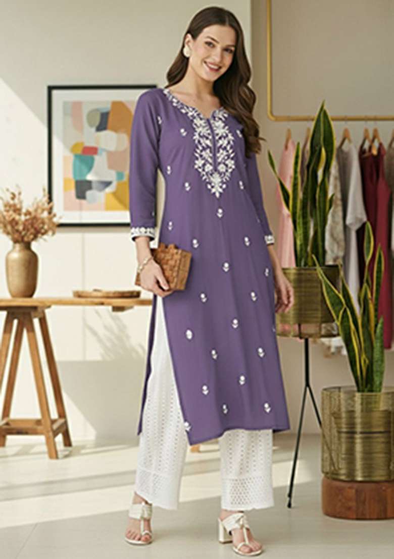 Purple Embroidery Silk Kurta - Indya