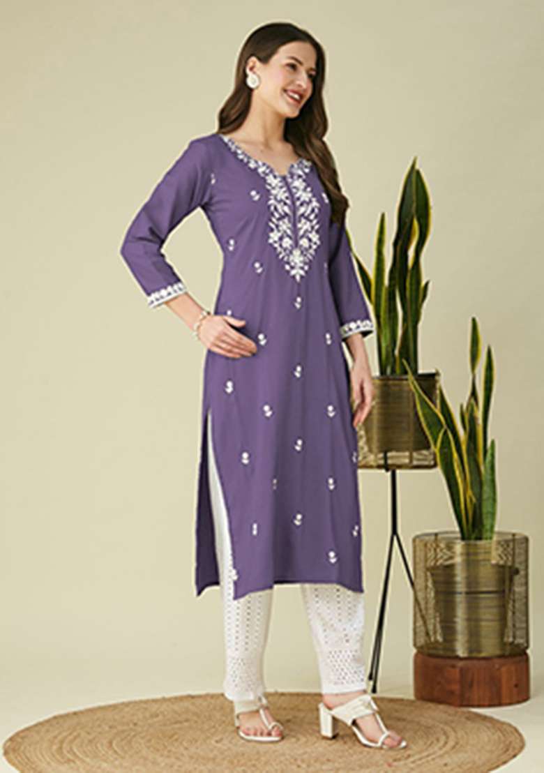 Purple Embroidery Silk Kurta - Indya