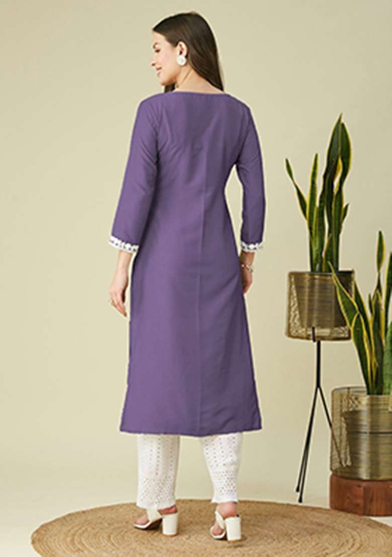 Purple Embroidery Silk Kurta - Indya