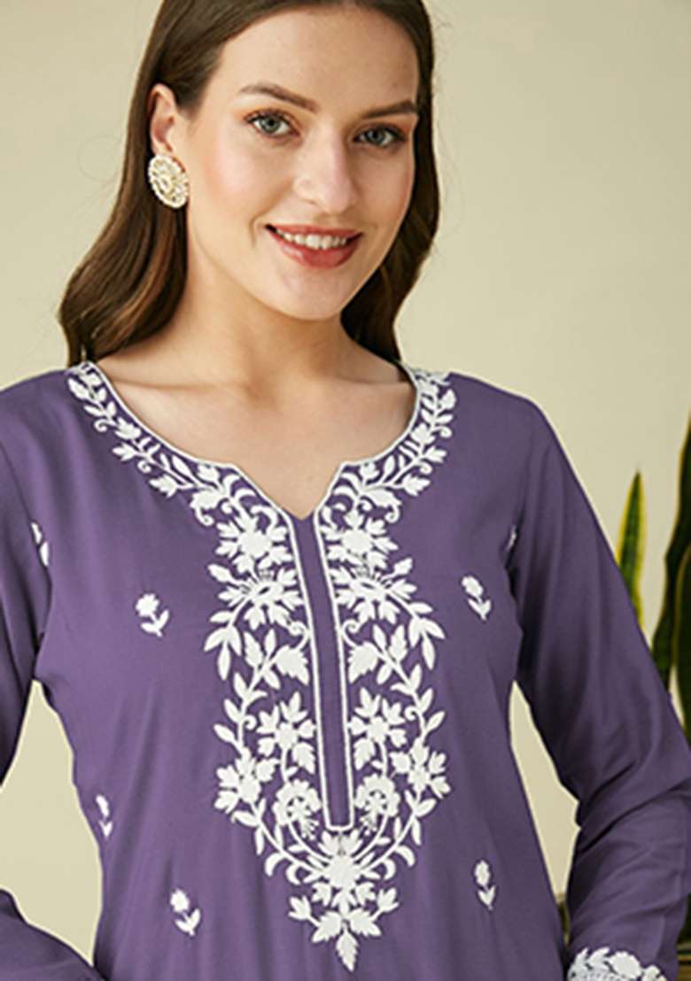 Purple Embroidery Silk Kurta - Indya