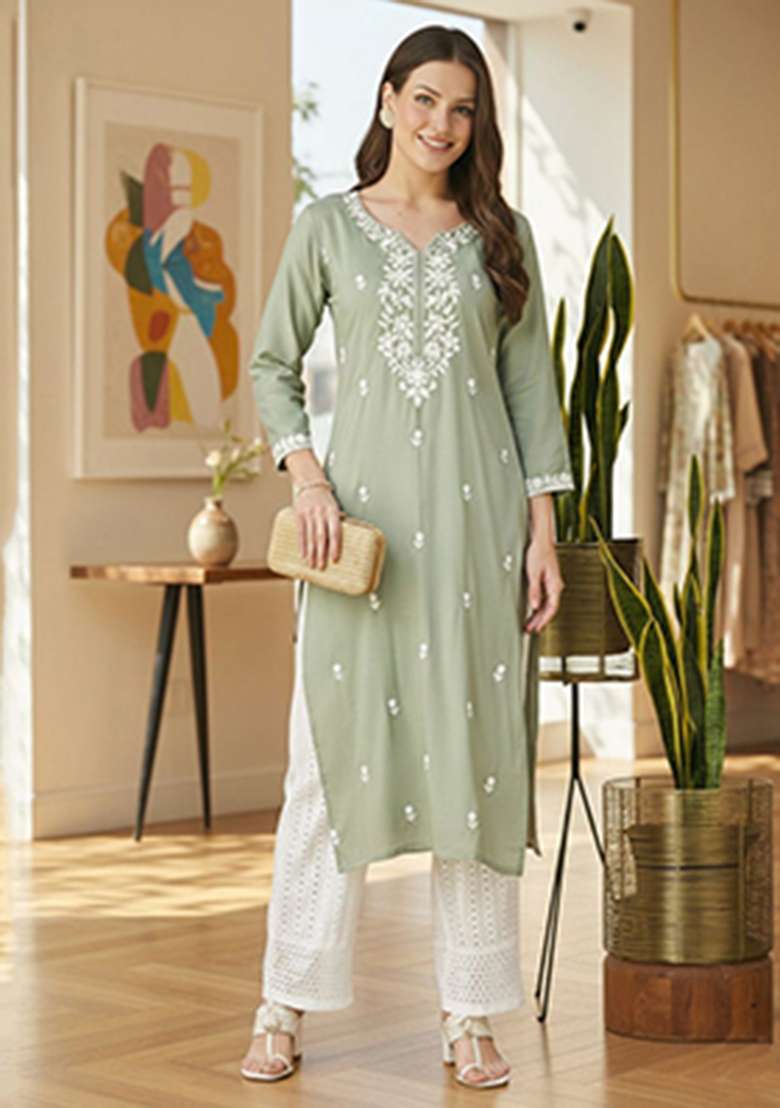 Pista Embroidery Silk Kurta - Indya