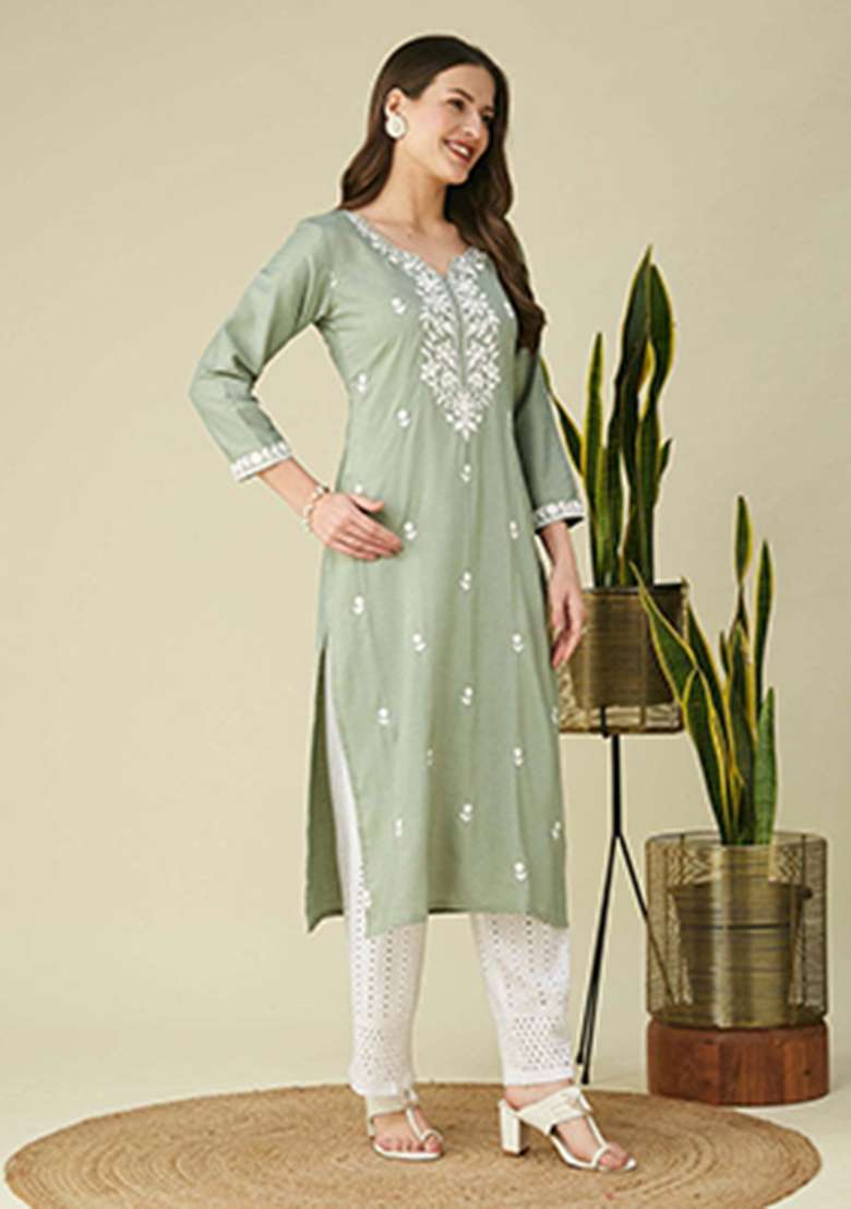 Pista Embroidery Silk Kurta - Indya