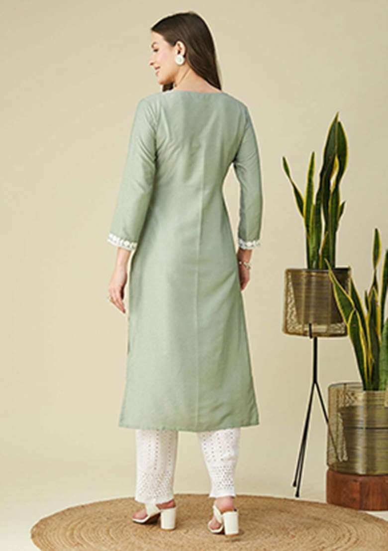 Pista Embroidery Silk Kurta - Indya