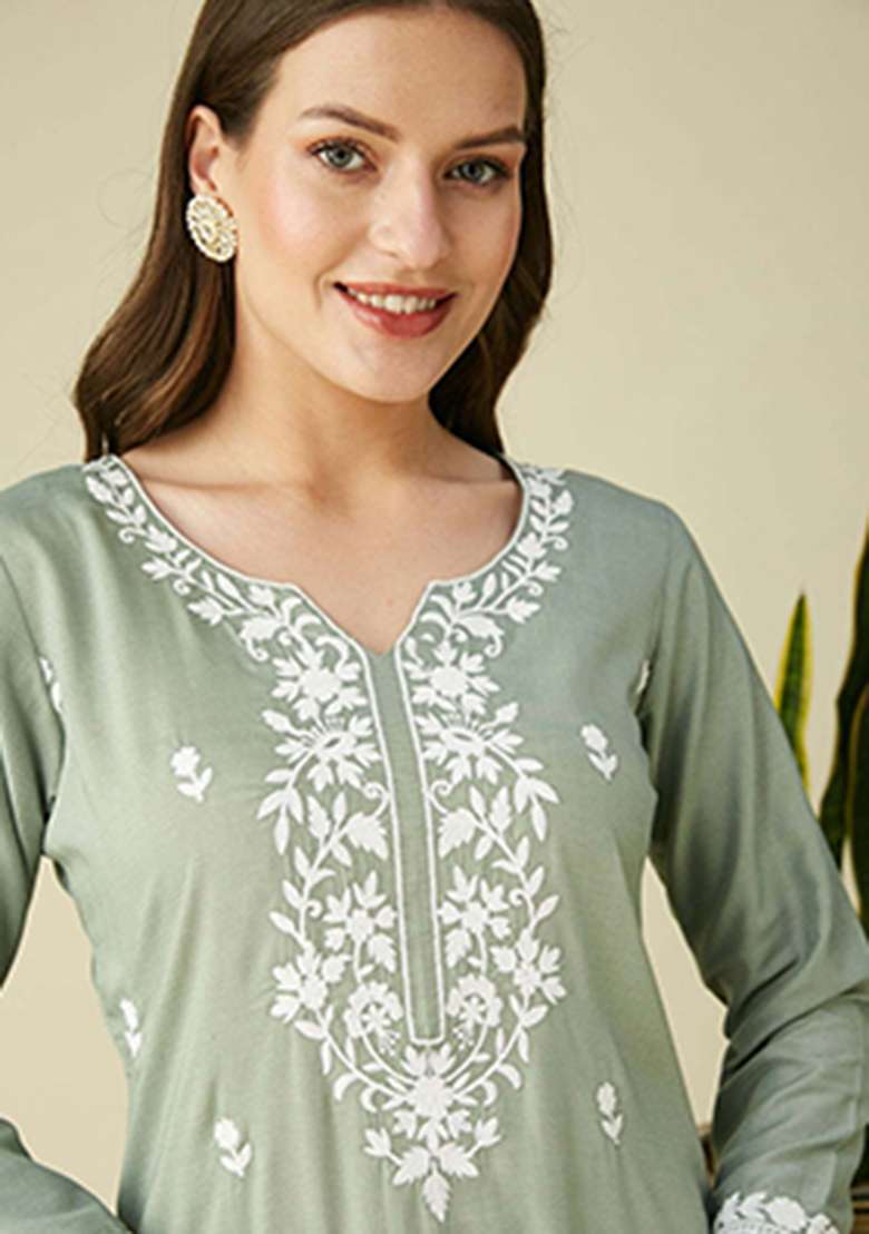 Pista Embroidery Silk Kurta - Indya