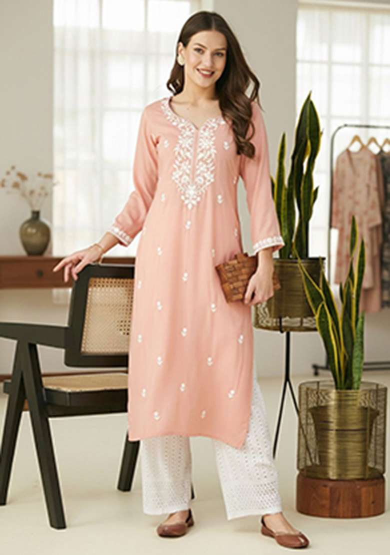 Peach Embroidery Silk Kurta - Indya