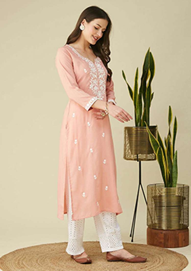 Peach Embroidery Silk Kurta - Indya