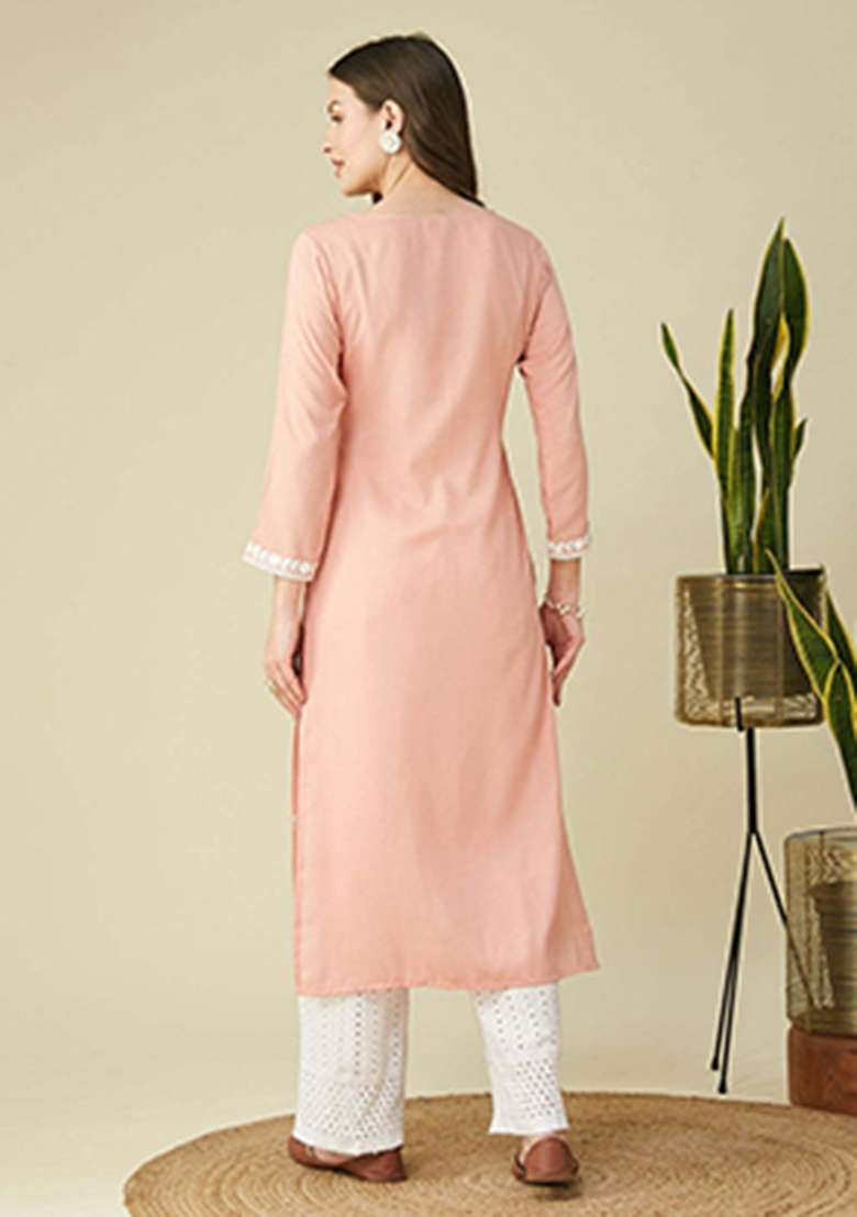 Peach Embroidery Silk Kurta - Indya