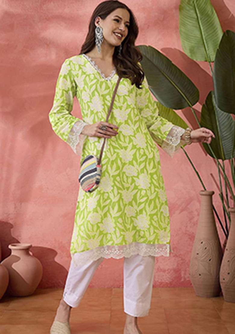 Parrot Floral Print Cotton Kurta - Indya