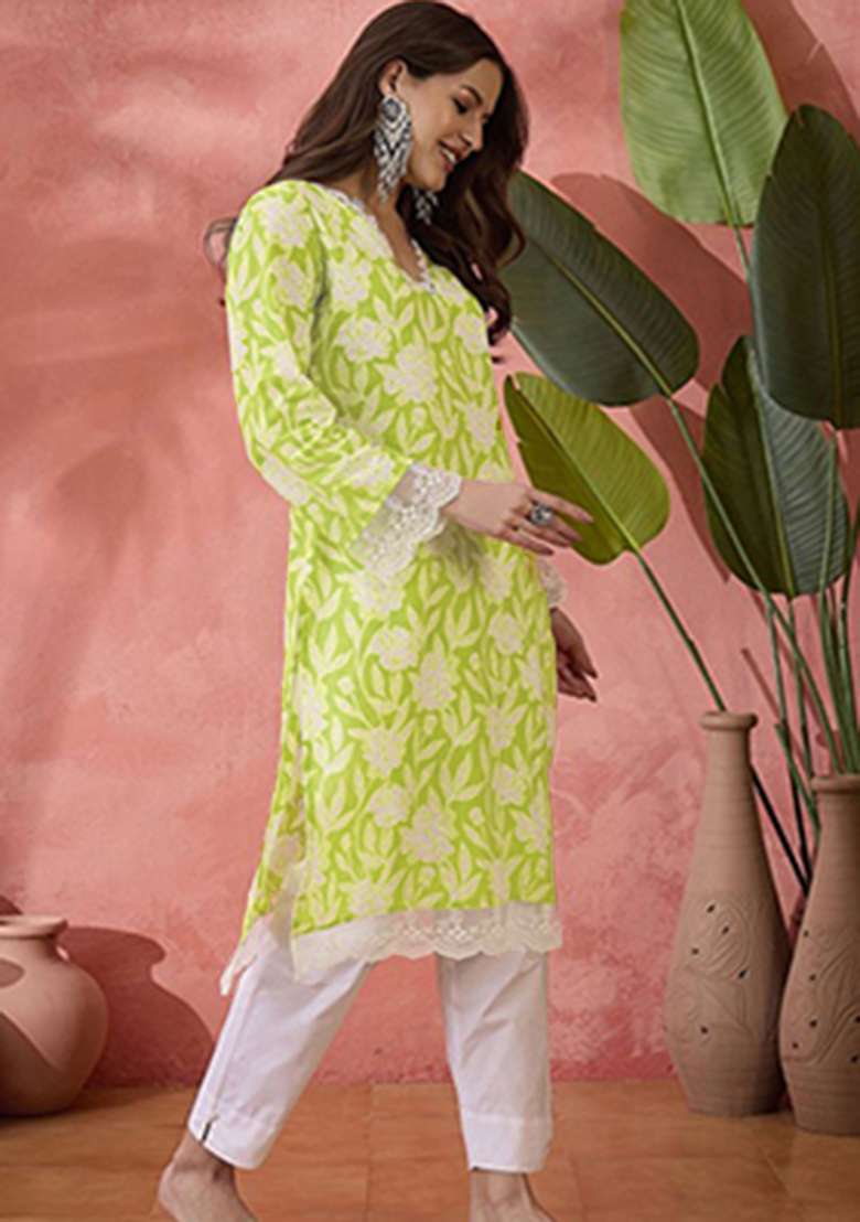 Parrot Floral Print Cotton Kurta - Indya