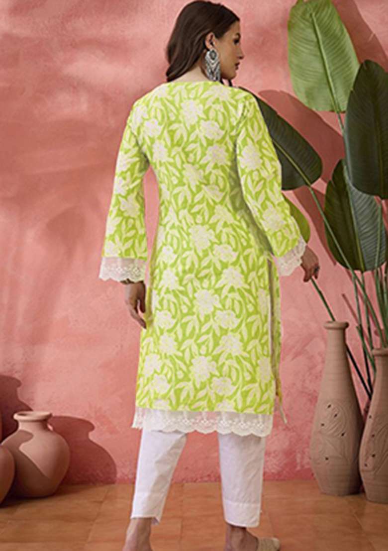 Parrot Floral Print Cotton Kurta - Indya