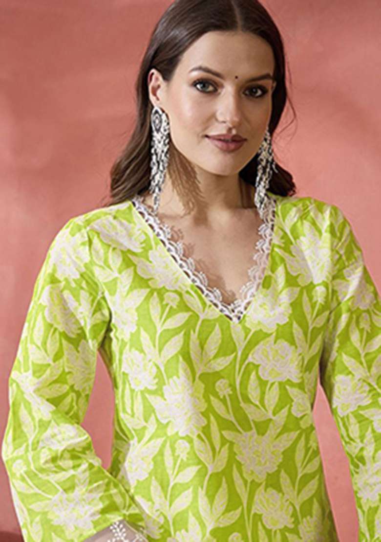 Parrot Floral Print Cotton Kurta - Indya