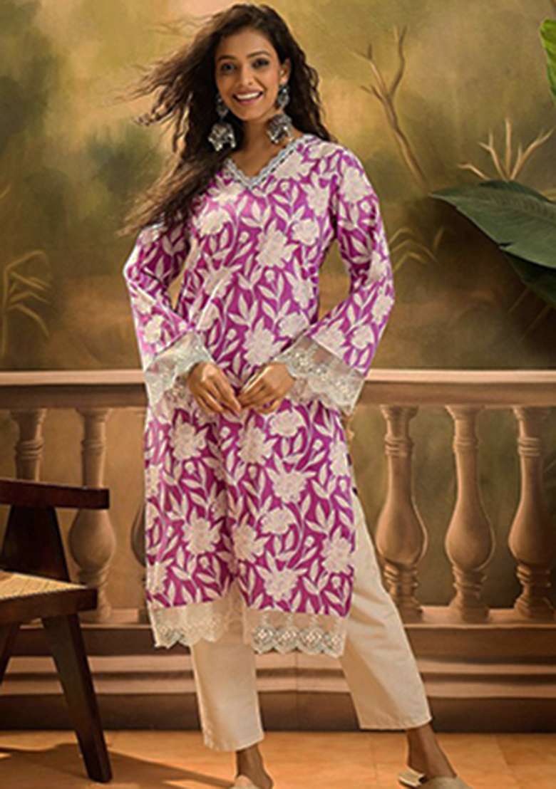 Pink Floral Print Cotton Kurta - Indya