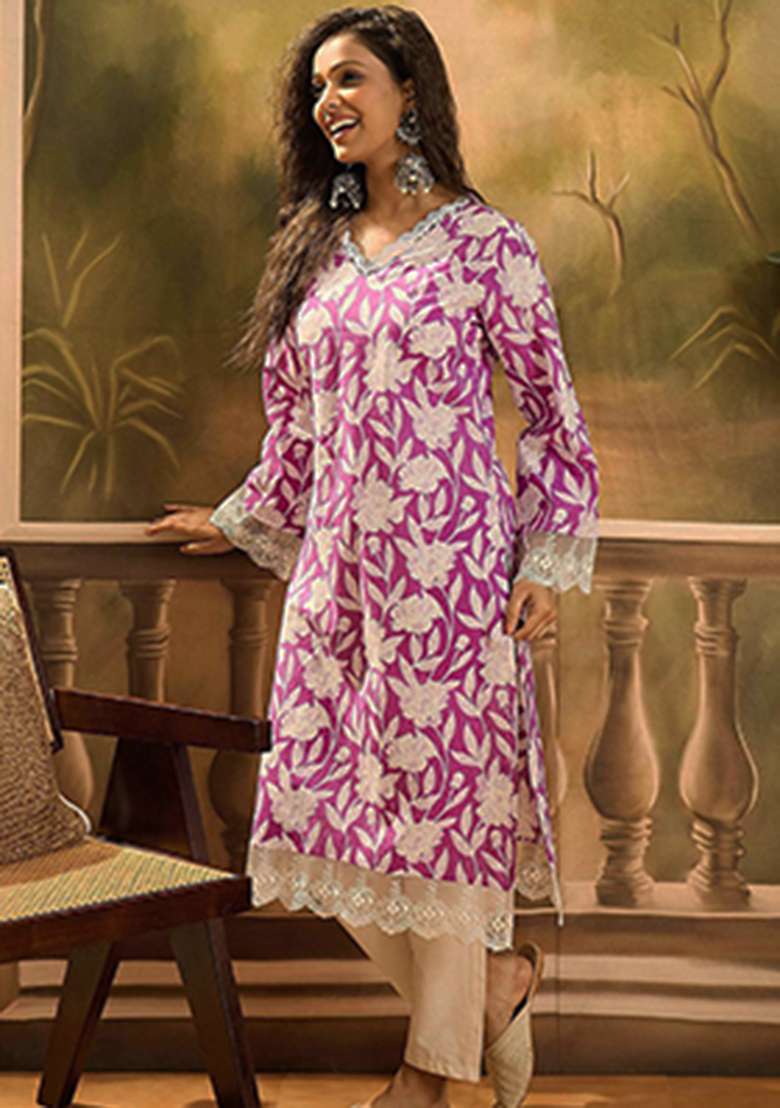 Pink Floral Print Cotton Kurta - Indya