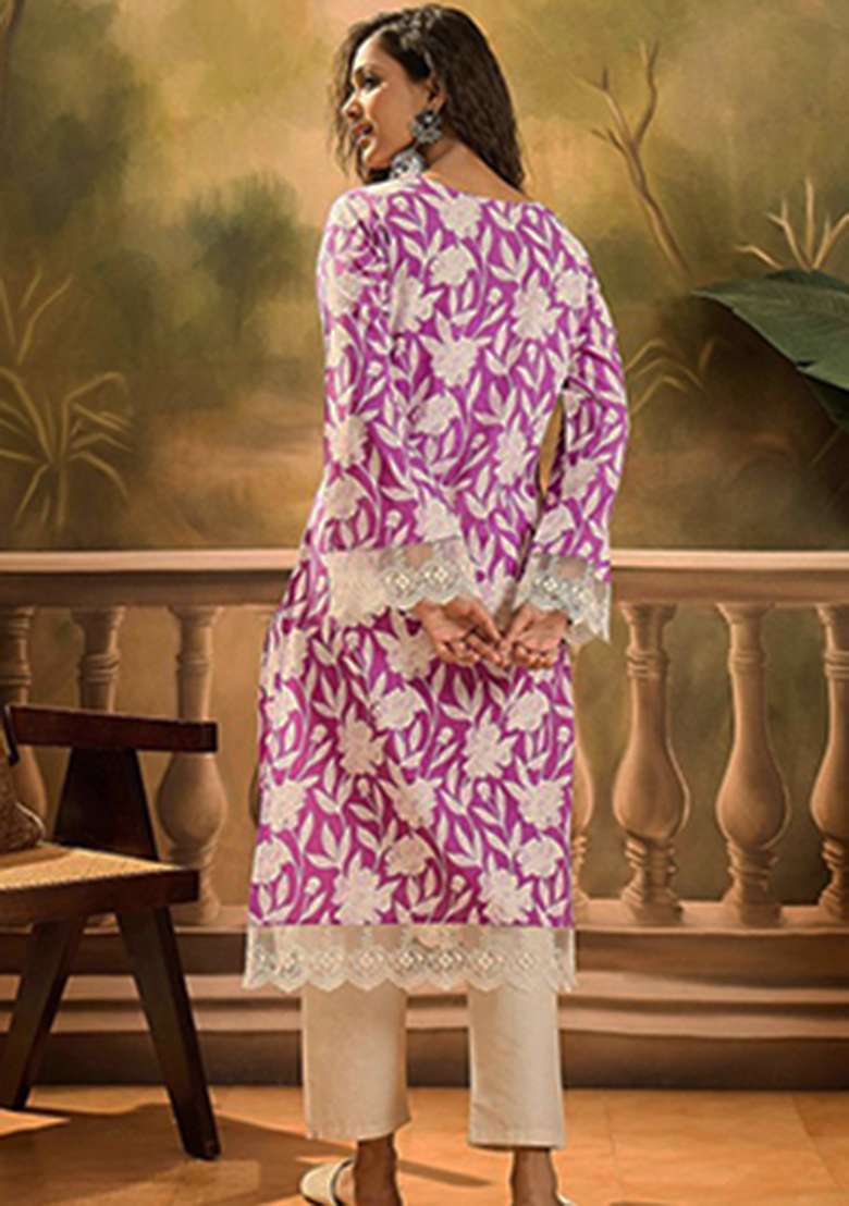 Pink Floral Print Cotton Kurta - Indya