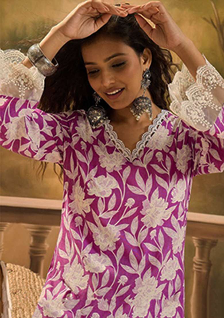 Pink Floral Print Cotton Kurta - Indya