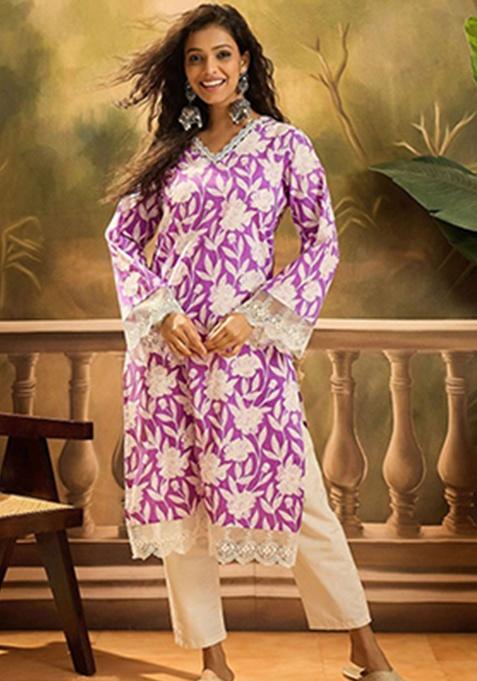 Pink Floral Print Cotton Kurta